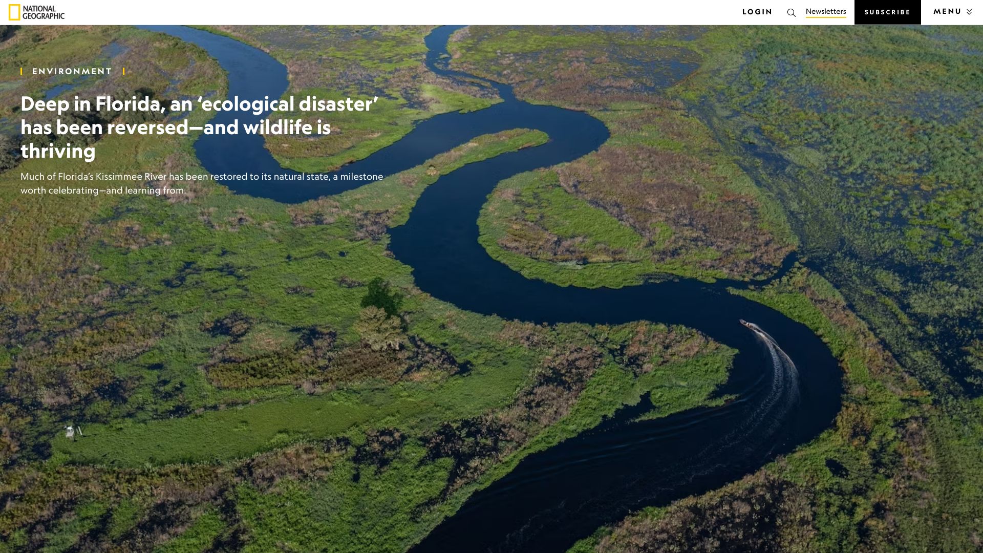 Screenshot of nationalgeographic.com: The Kissimmee River has been brought back to life, and wildlife is thriving
