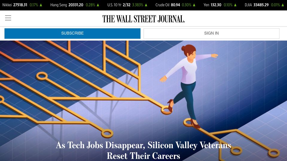 Screenshot of wsj.com: Laid-off tech workers choose stability over status