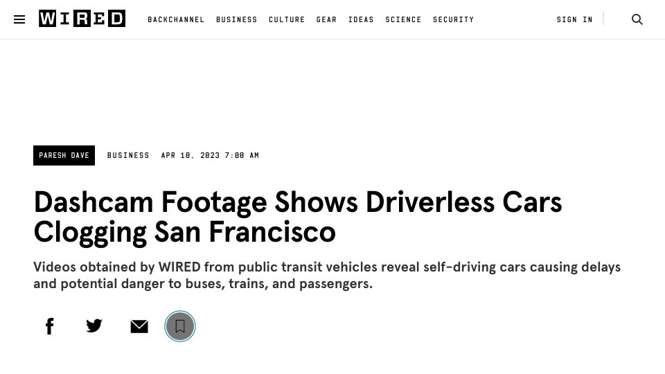 Screenshot of wired.com: Dashcam footage shows driverless cars clogging San Francisco