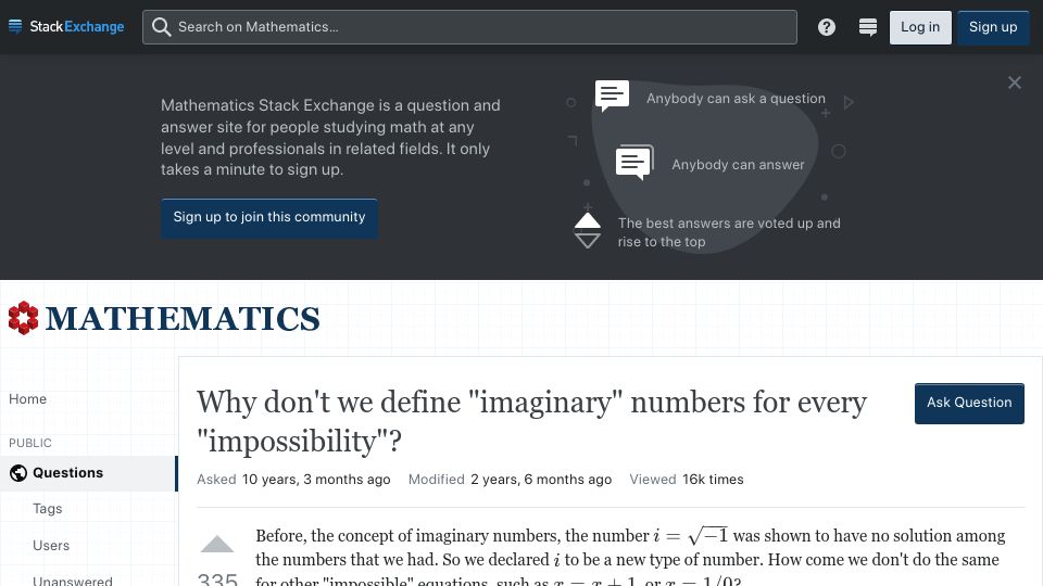 Screenshot of math.stackexchange.com: Why don't we define “imaginary” numbers for every “impossibility”? (2012)
