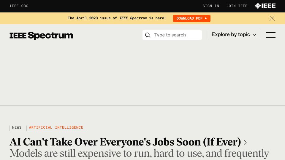 Screenshot of spectrum.ieee.org: AI Can't Take over Everyone's Jobs Soon (If Ever)