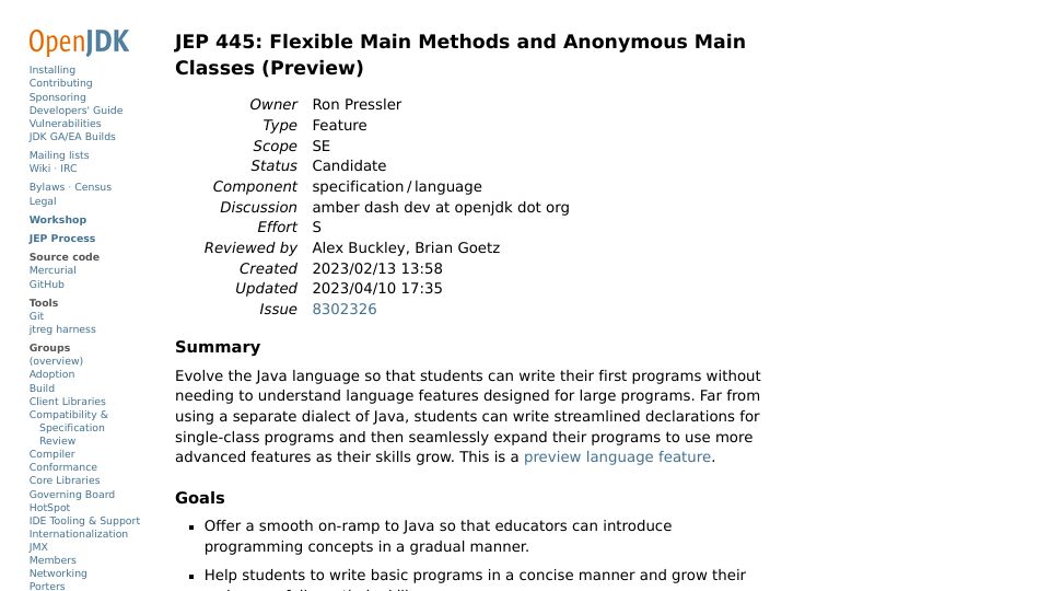 Screenshot of openjdk.org: JEP 445: Flexible Main Methods and Anonymous Main Classes (Preview)