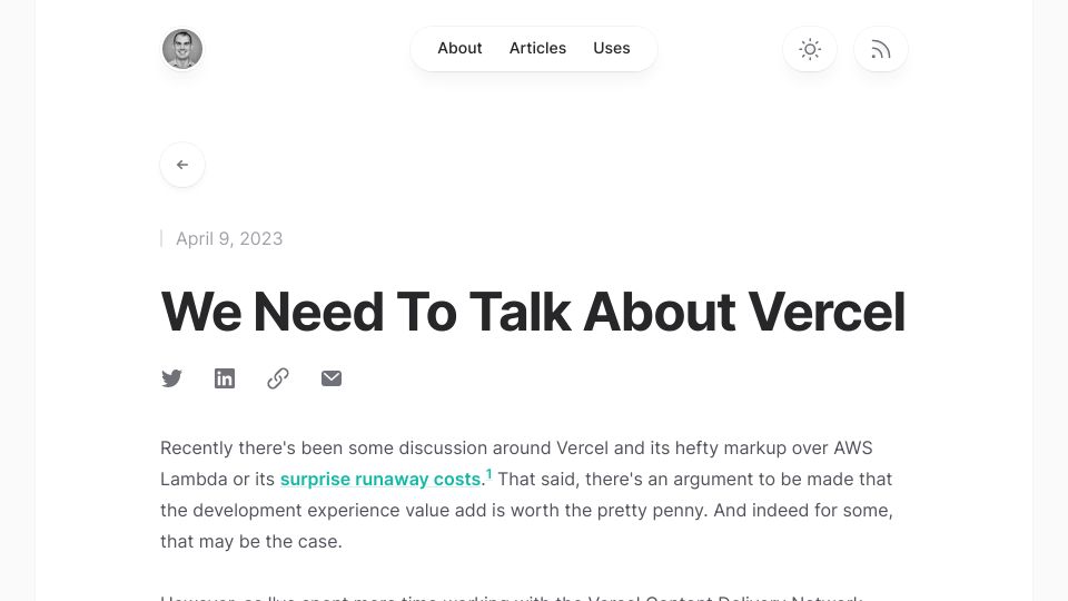 Screenshot of maxcountryman.com: We Need To Talk About Vercel