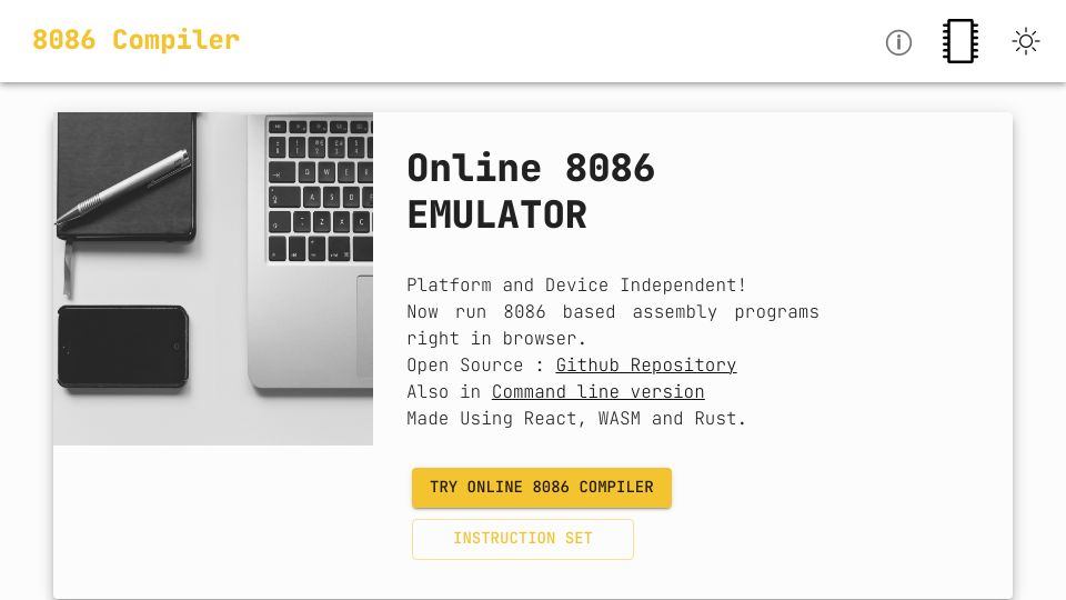 Screenshot of yjdoc2.github.io: Online 8086 Emulator