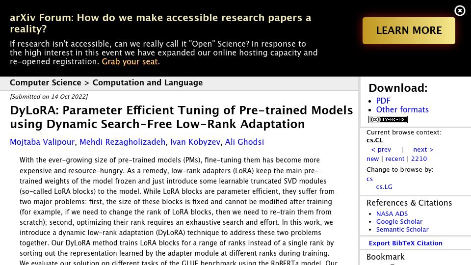 Screenshot of arxiv.org: DyLoRA: Parameter Efficient Tuning of Pre-Trained Models