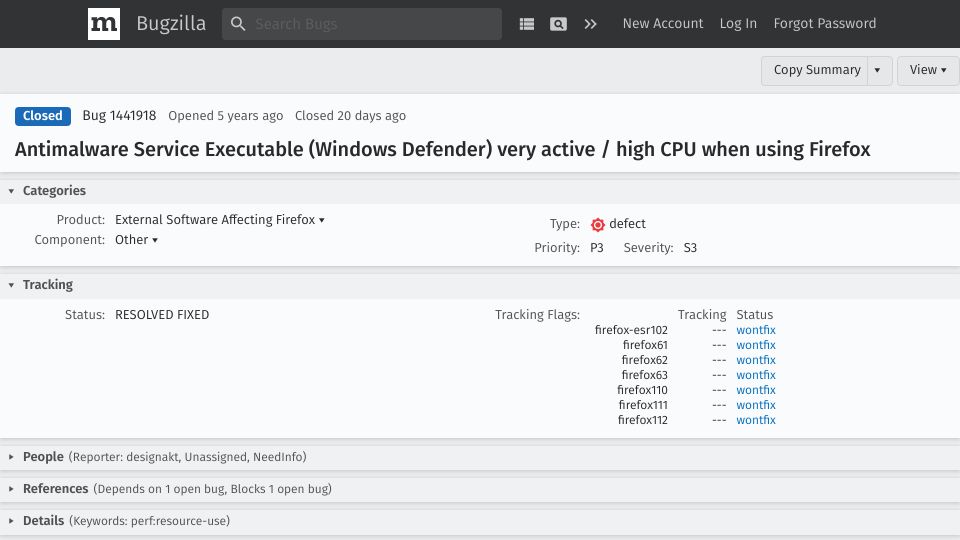 Screenshot of bugzilla.mozilla.org: Microsoft fixes 5-year-old Defender bug, reducing Firefox-related CPU use by 75%