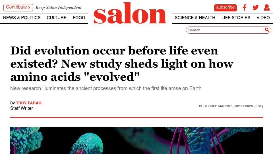 Screenshot of salon.com: New study sheds light on how amino acids “evolved”