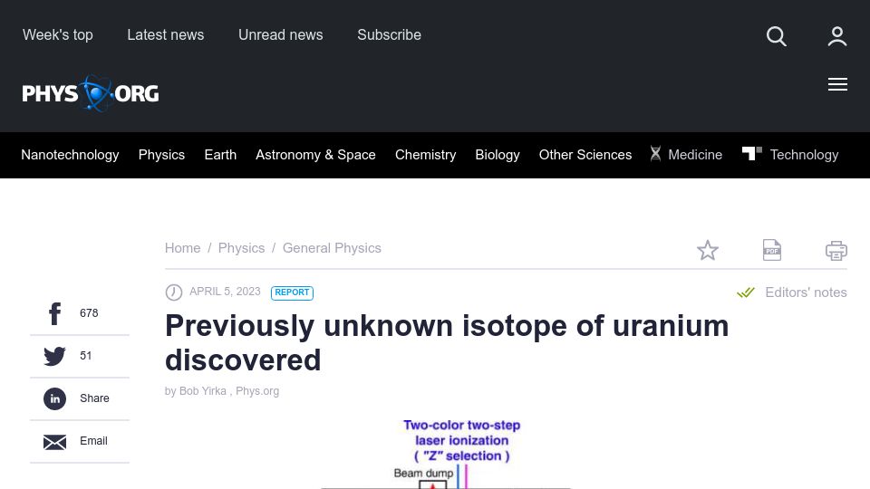 Screenshot of phys.org: Previously unknown isotope of uranium discovered