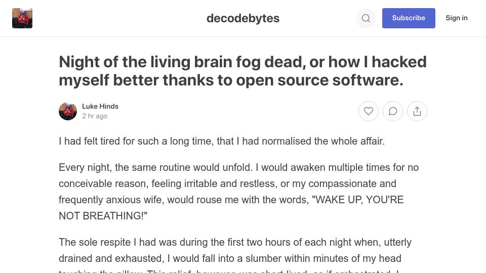 Screenshot of decodebytes.substack.com: Night of the living brain fog dead or how I hacked myself better via open source