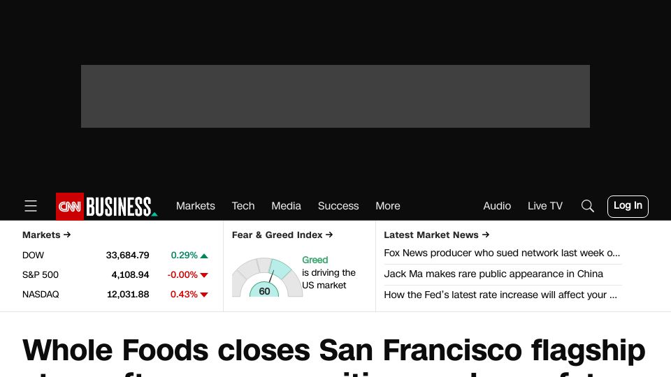 Screenshot of cnn.com: Whole Foods closes San Francisco flagship after one year, citing worker safety