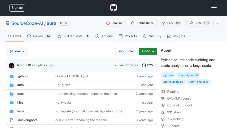 Screenshot of github.com: Aura – Python source code auditing and static analysis on a large scale (2022)