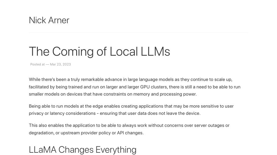 Screenshot of nickarner.com: The Coming of Local LLMs