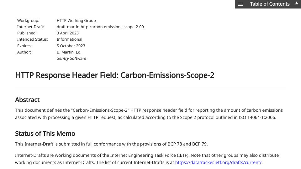 Screenshot of ietf.org: HTTP Response Header Field: Carbon-Emissions-Scope-2