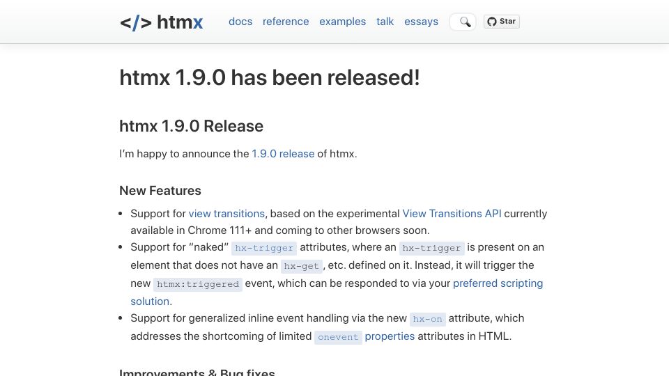 Screenshot of htmx.org: Htmx 1.9.0 has been released