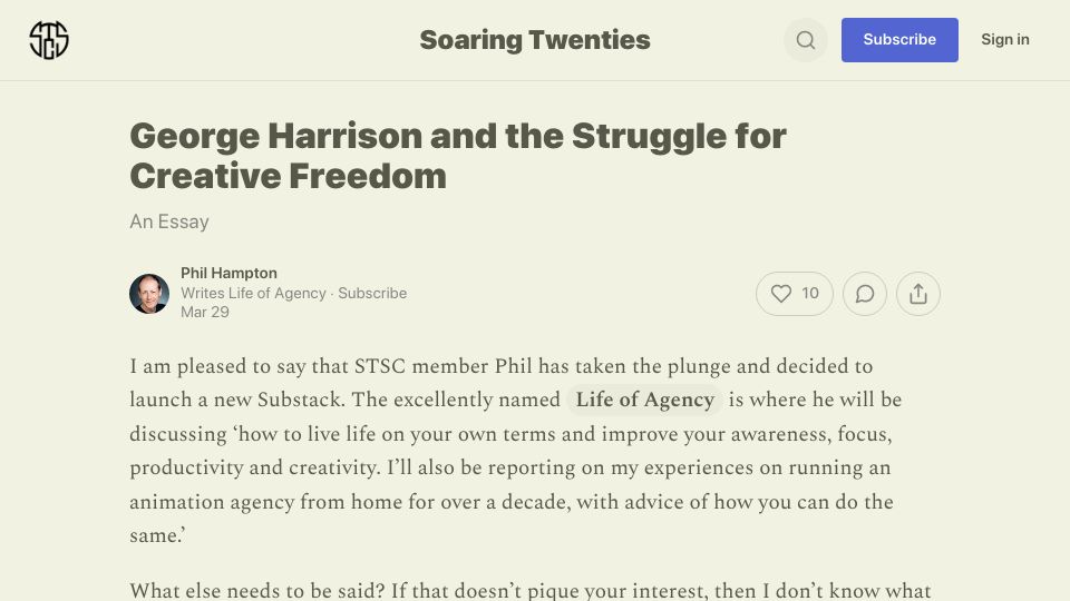 Screenshot of soaringtwenties.substack.com: George Harrison and the Struggle for Creative Freedom