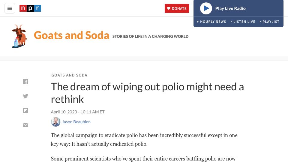 Screenshot of npr.org: The dream of polio eradication might need a rethink