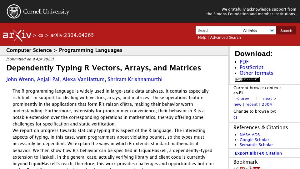 Screenshot of arxiv.org: Dependently Typing R Vectors, Arrays, and Matrices