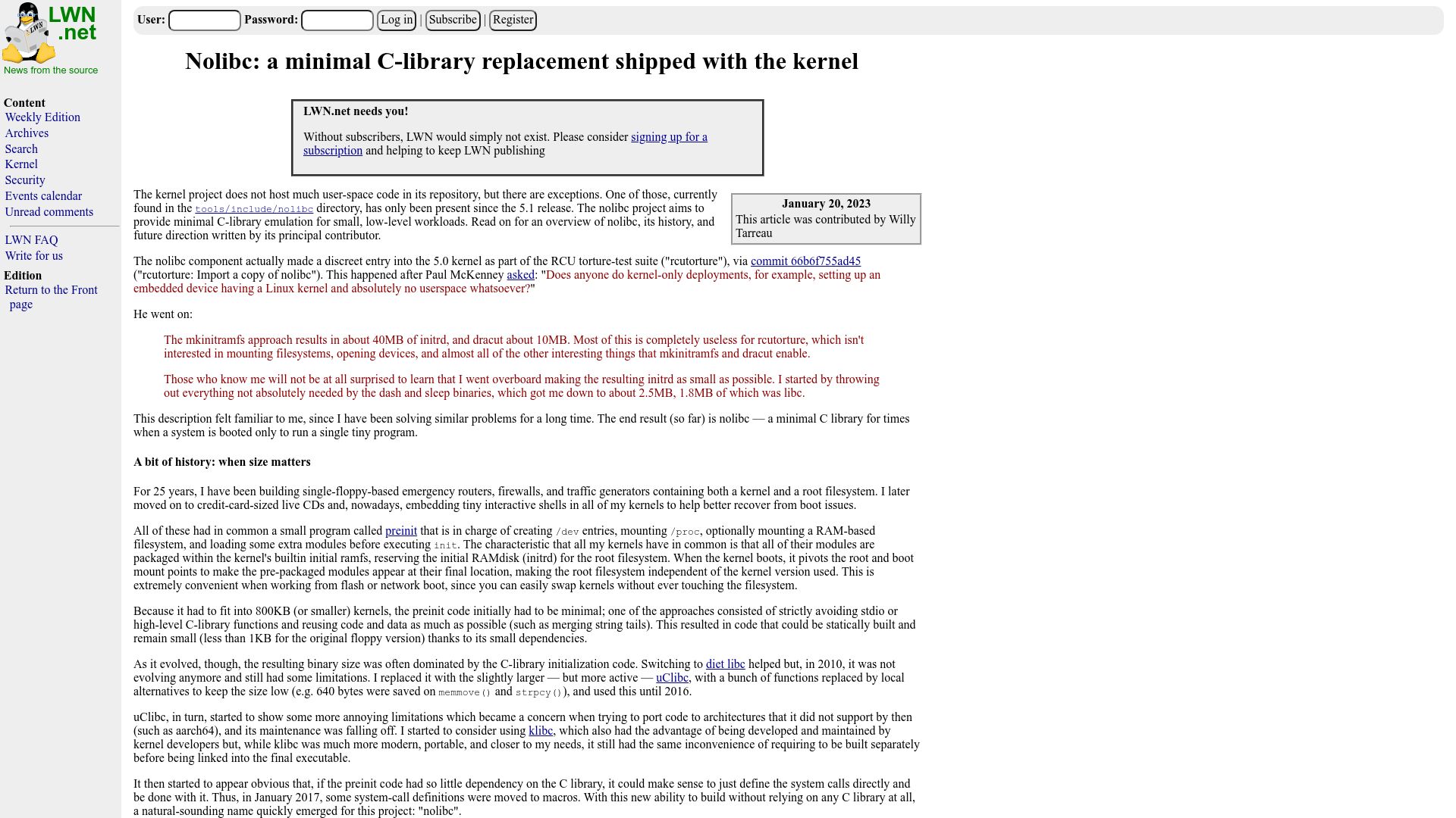 Screenshot of lwn.net: Nolibc: A minimal C-library replacement shipped with the kernel