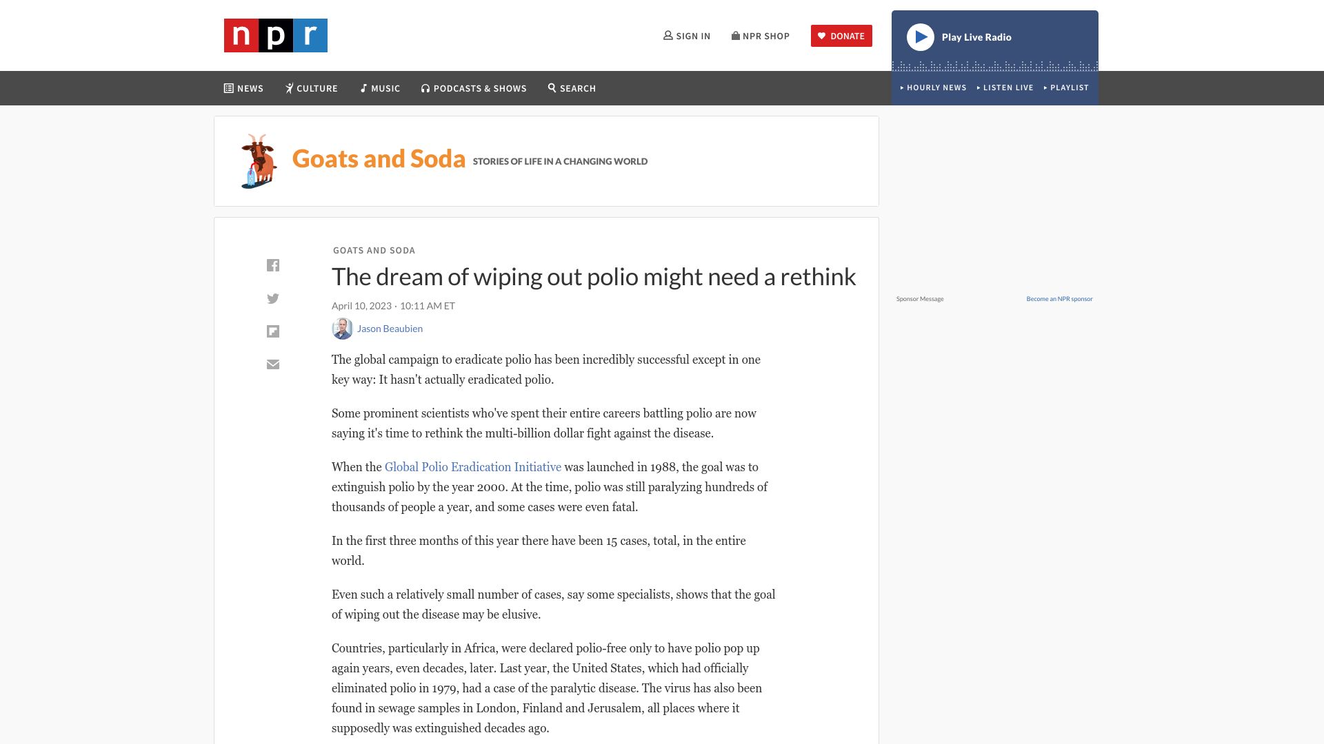 Screenshot of npr.org: The dream of polio eradication might need a rethink
