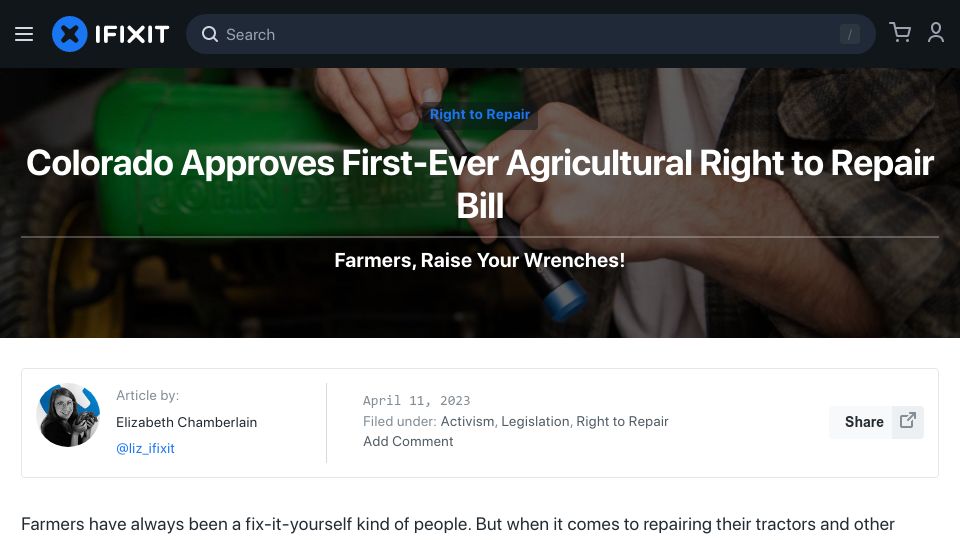 Screenshot of ifixit.com: Colorado passes agricultural Right to Repair