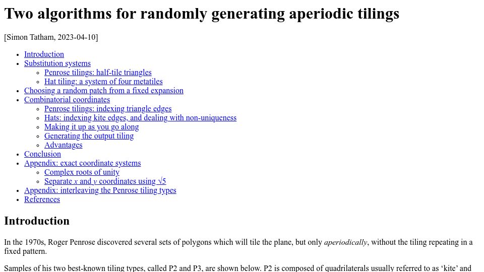 Screenshot of chiark.greenend.org.uk: Two algorithms for randomly generating aperiodic tilings