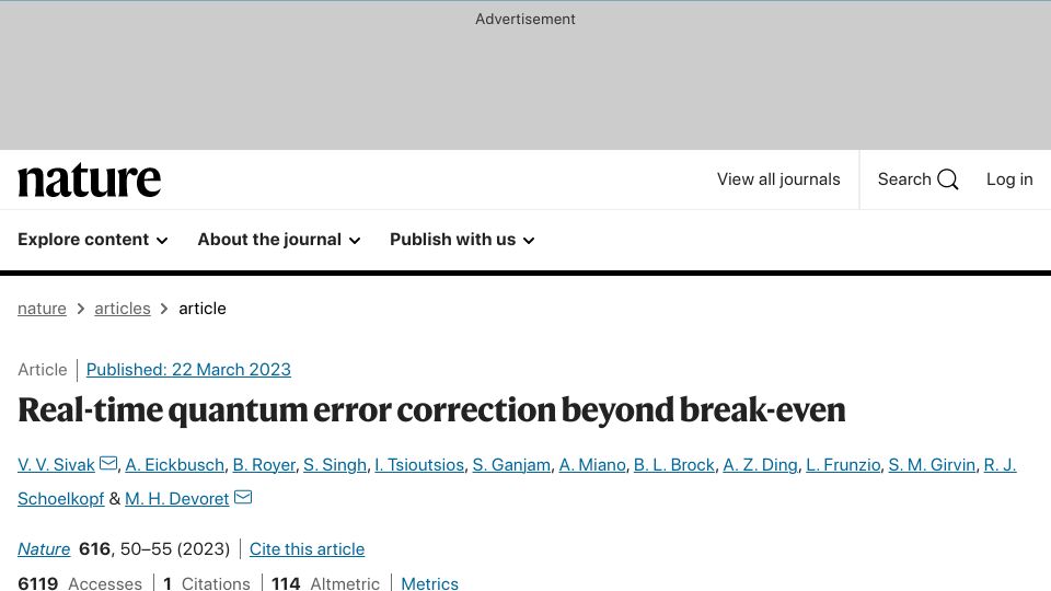 Screenshot of nature.com: Real-time quantum error correction beyond break-even