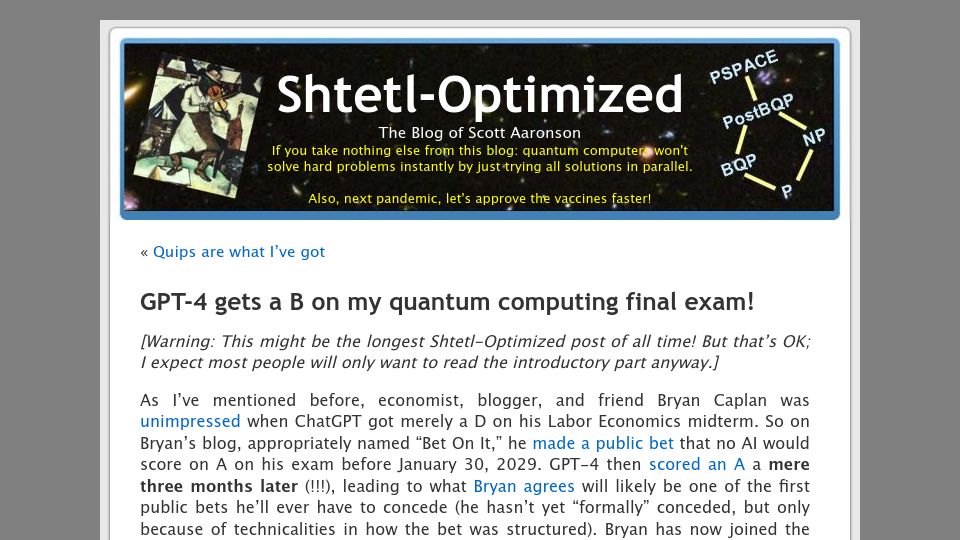 Screenshot of scottaaronson.blog: GPT-4 gets a B on my quantum computing final exam