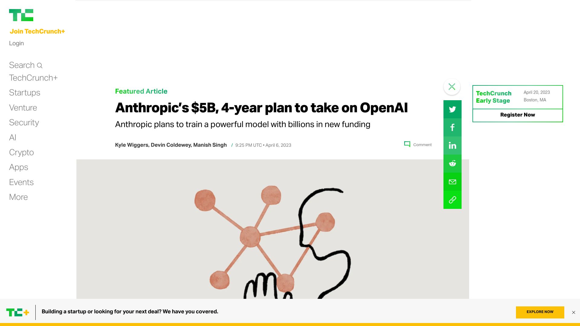 Screenshot of techcrunch.com: Anthropic’s $5B, 4-year plan to take on OpenAI