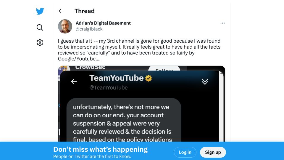 Screenshot of twitter.com: YouTube suspends a YouTuber's Patreon-exclusive account for self-impersonation