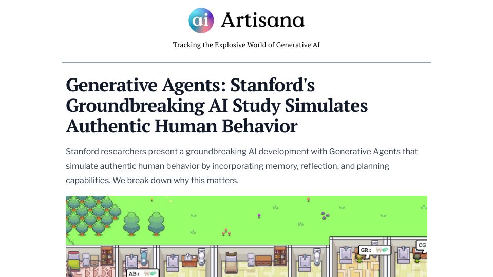 Screenshot of artisana.ai: Stanford's Groundbreaking AI Study Simulates Authentic Human Behavior