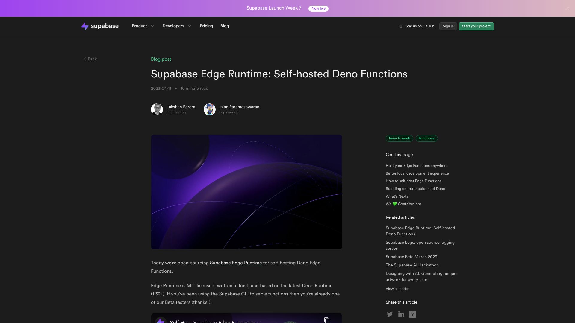 Screenshot of supabase.com: Supabase Edge Runtime: Self-Hosted Deno Functions