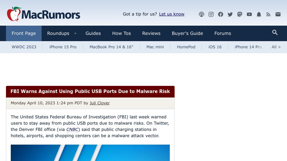 Screenshot of macrumors.com: FBI Warns Against Using Public USB Ports Due to Malware Risk