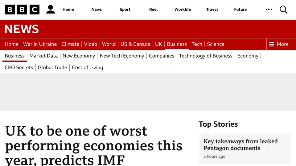 Screenshot of bbc.com: UK to be one of worst performing economies this year, predicts IMF