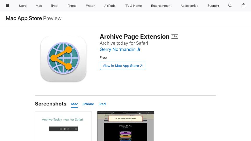 Screenshot of apps.apple.com: I ported the Firefox Archive.today extension to Safari