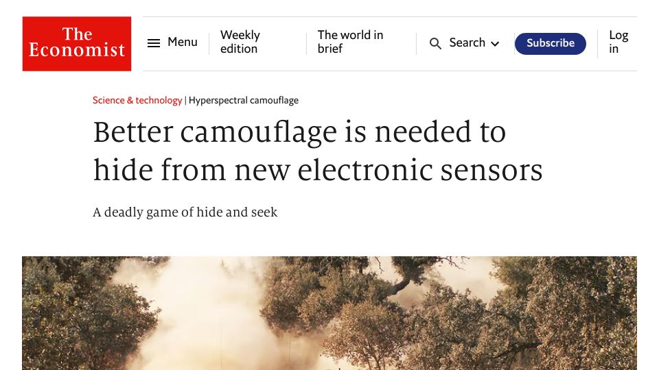 Screenshot of economist.com: Hyperspectral camouflage is needed to hide from new electronic sensors