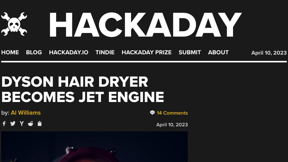 Screenshot of hackaday.com: Dyson hair dryer becomes jet engine