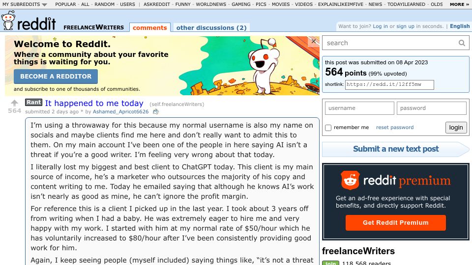 Screenshot of old.reddit.com: It happened to me today: $80/hr writer replaced with ChatGPT