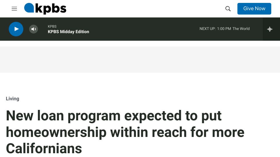 Screenshot of kpbs.org: California to lend 20% down payments with 0% interest for homebuyers