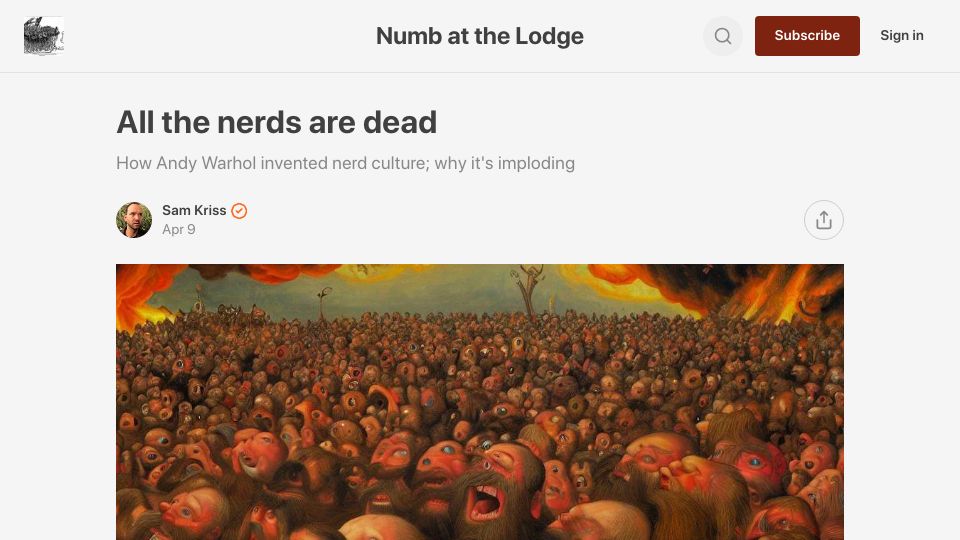 Screenshot of samkriss.substack.com: Is Nerd Culture Dying?