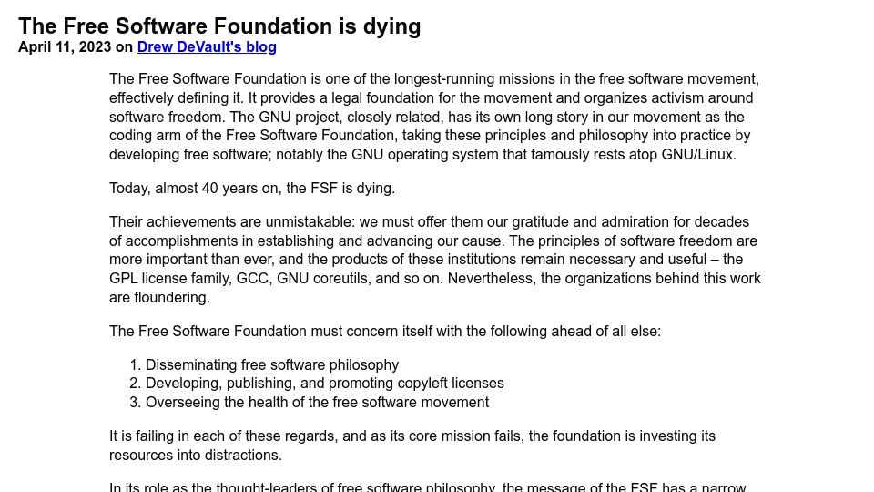 Screenshot of drewdevault.com: The Free Software Foundation is dying