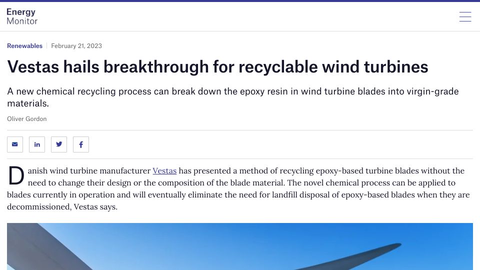 Screenshot of energymonitor.ai: Vestas hails breakthrough for recyclable wind turbines