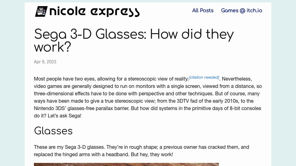 Screenshot of nicole.express: Sega 3-D Glasses: How did they work?