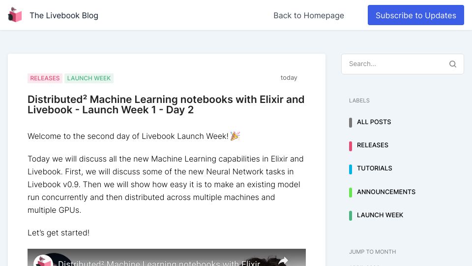 Screenshot of news.livebook.dev: Distributed Machine Learning Notebooks with Elixir and Livebook