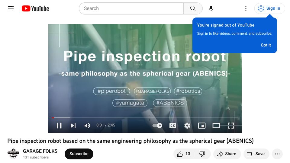 Screenshot of youtube.com: Pipe Inspection Robot [video]