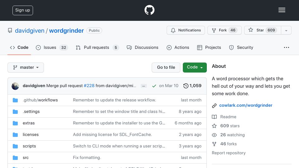 Screenshot of github.com: WordGrinder: Terminal-based distraction free word processor