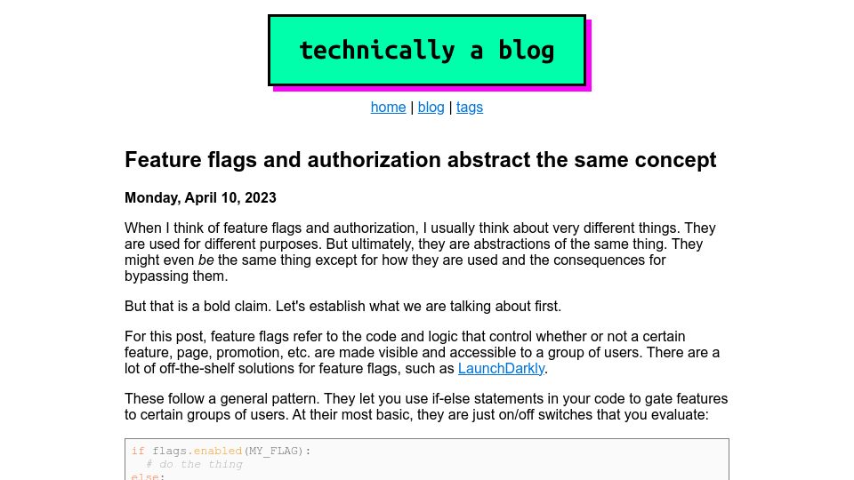 Screenshot of ntietz.com: Feature flags and authorization abstract the same concept