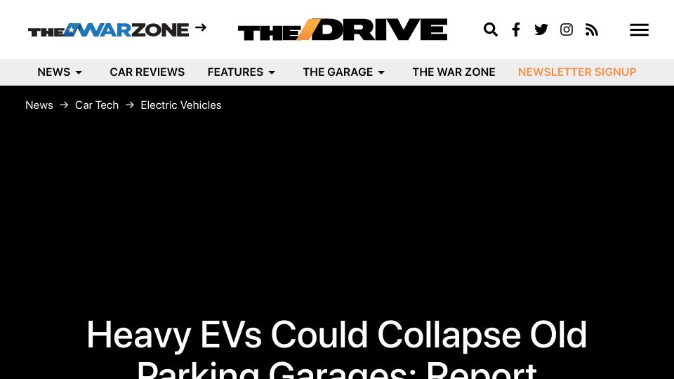 Screenshot of thedrive.com: Heavy EVs Could Collapse Old Parking Garages: Report