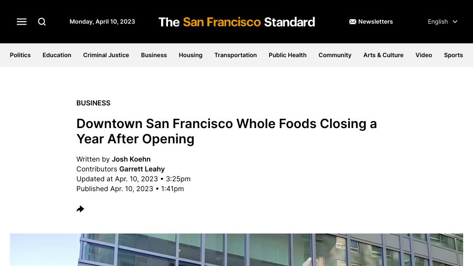Screenshot of sfstandard.com: Downtown San Francisco Whole Foods Closing a Year After Opening