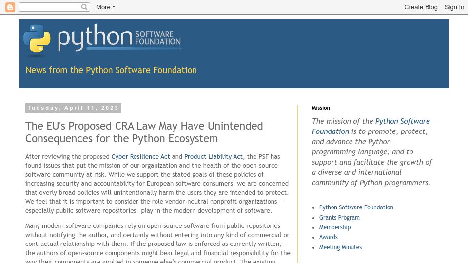 Screenshot of pyfound.blogspot.com: The EU proposed CRA law may have unintended consequence for the Python ecosystem