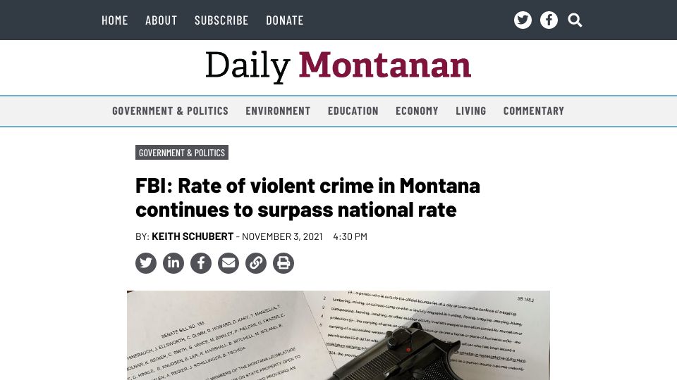Screenshot of dailymontanan.com: Rate of violent crime in Montana continues to surpass national rate (2021)